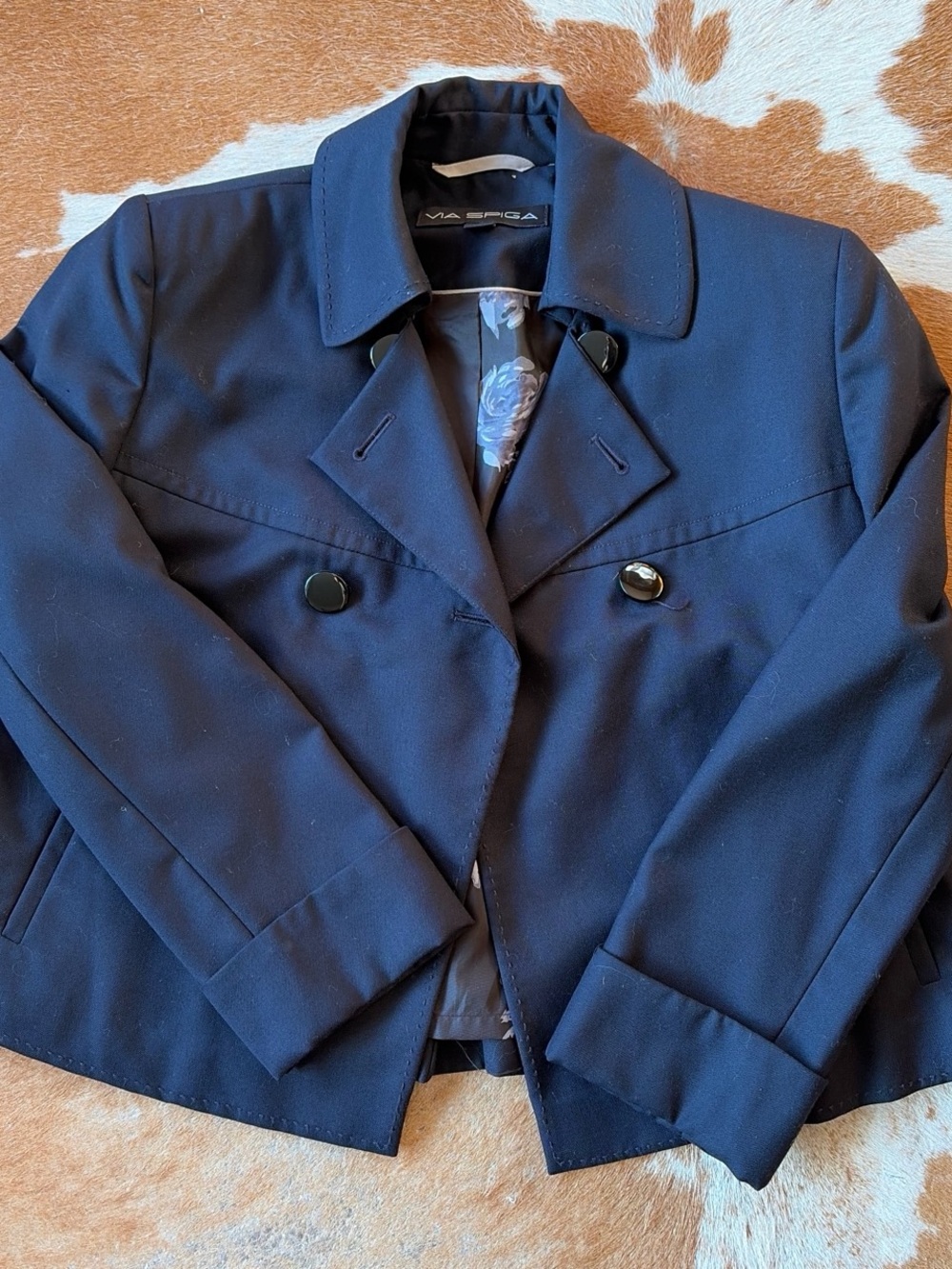 Via Spiga Navy Double-Breasted Cropped Blazer